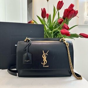 Saint Laurent Black Leather Bag, YSL Medium Sunset Purse, gold hardware